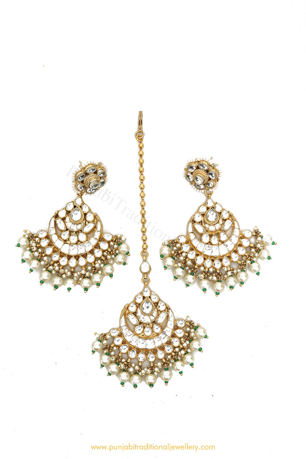 Gold Finished Pearl Kundan Earring & Tikka Set By PTJ