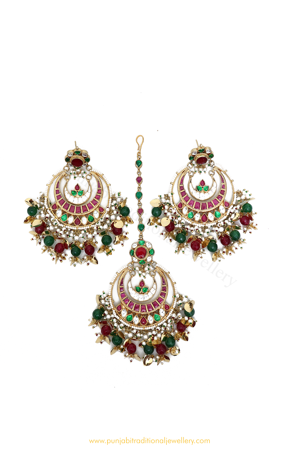 Gold Finished Rubby Emerald Kundan Earring & Tikka Set By PTJ
