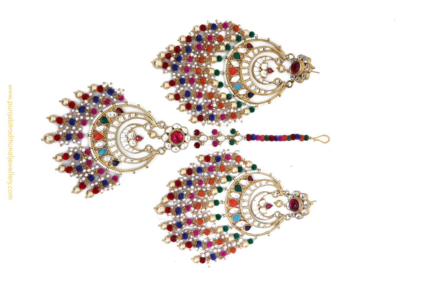 Gold Finished Navratan Kundan Earring & Tikka Set By PTJ