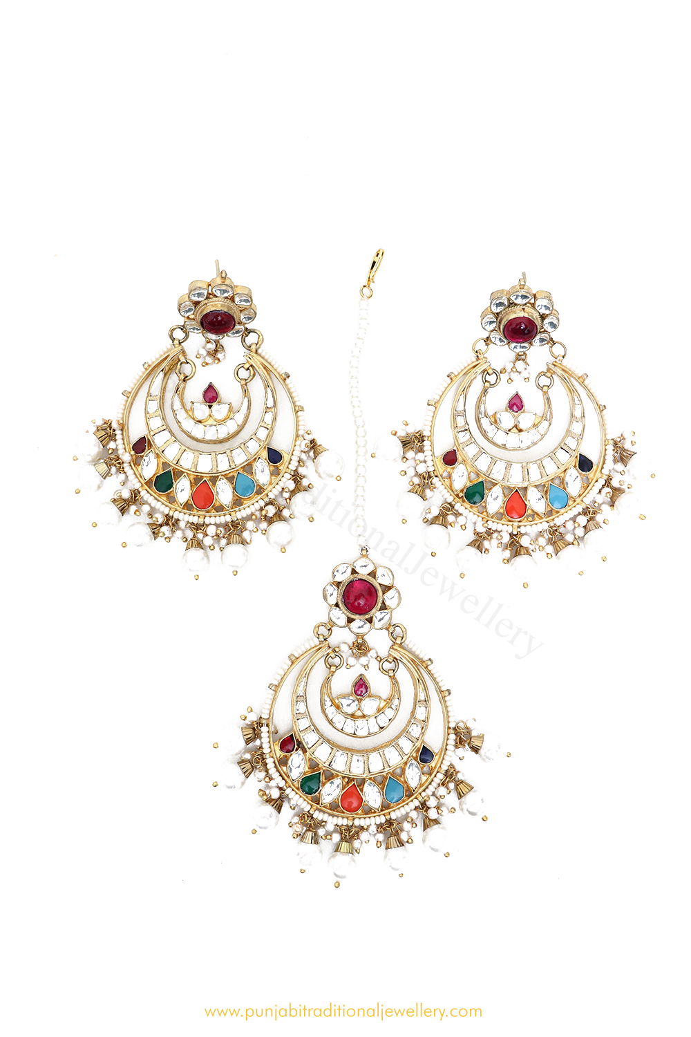 Gold Finished Navratan Kundan Earring & Tikka Set By PTJ