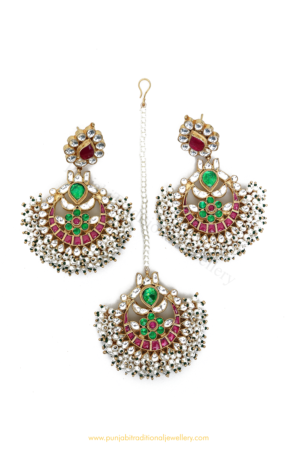 Gold Finished Rubby Emerald Kundan Earring & Tikka Set By PTJ