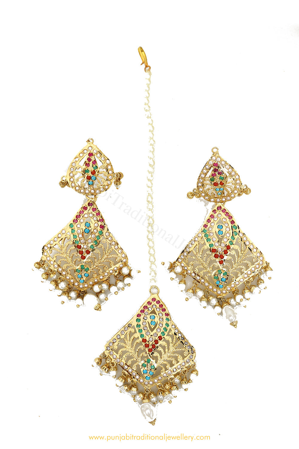 Gold Finished Navratan Jadau Earring Tikka Set By PTJ