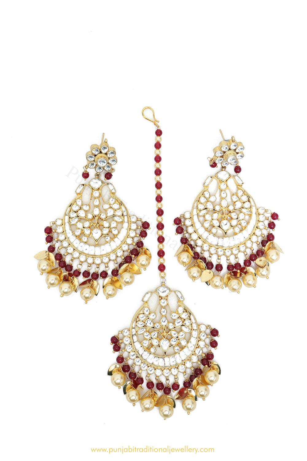 Gold Finished Rubby Pippal Patti Kundan Earring Tikka Set By PTJ