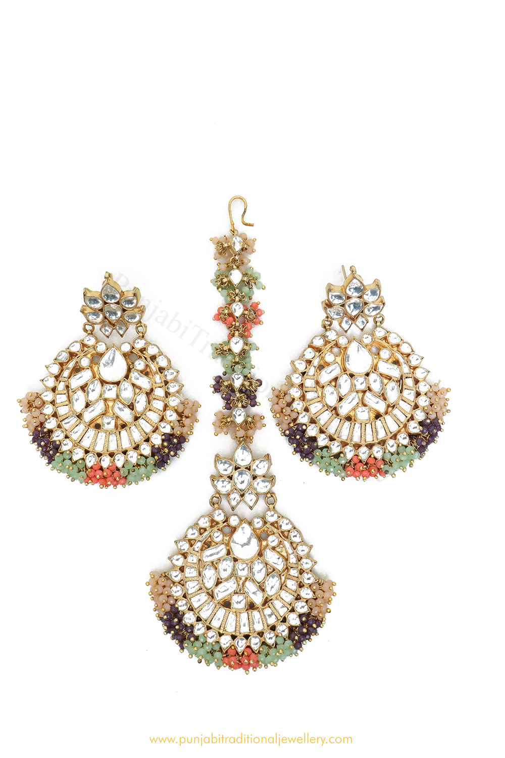 Gold Finished Navratan Kundan Earring Tikka Set By PTJ