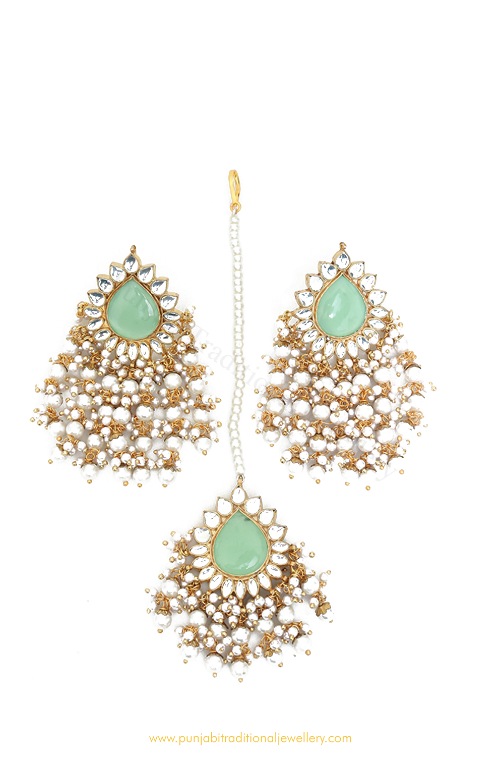 Gold Finished Mint Kundan Earring Tikka Set By PTJ
