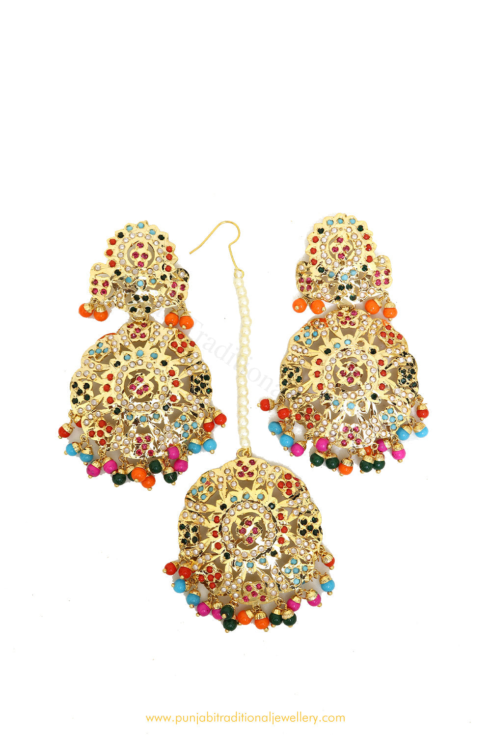 Gold Finished Navratan Jadau Earring Tikka Set By PTJ