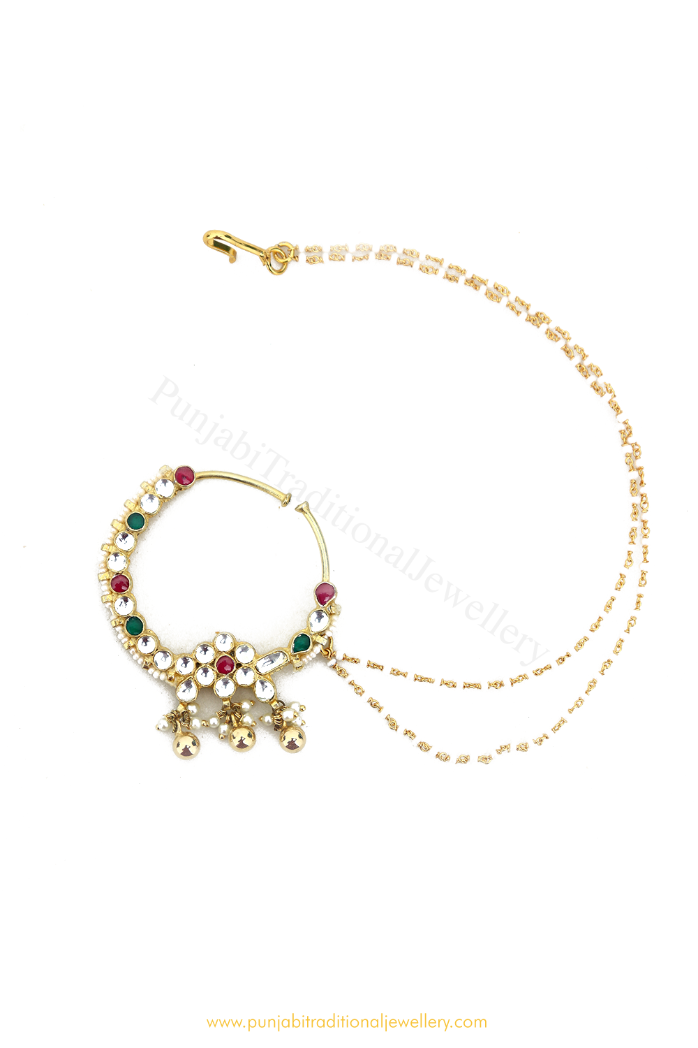 Gold Finished Rubby  Emerald Kundan Nath By PTJ