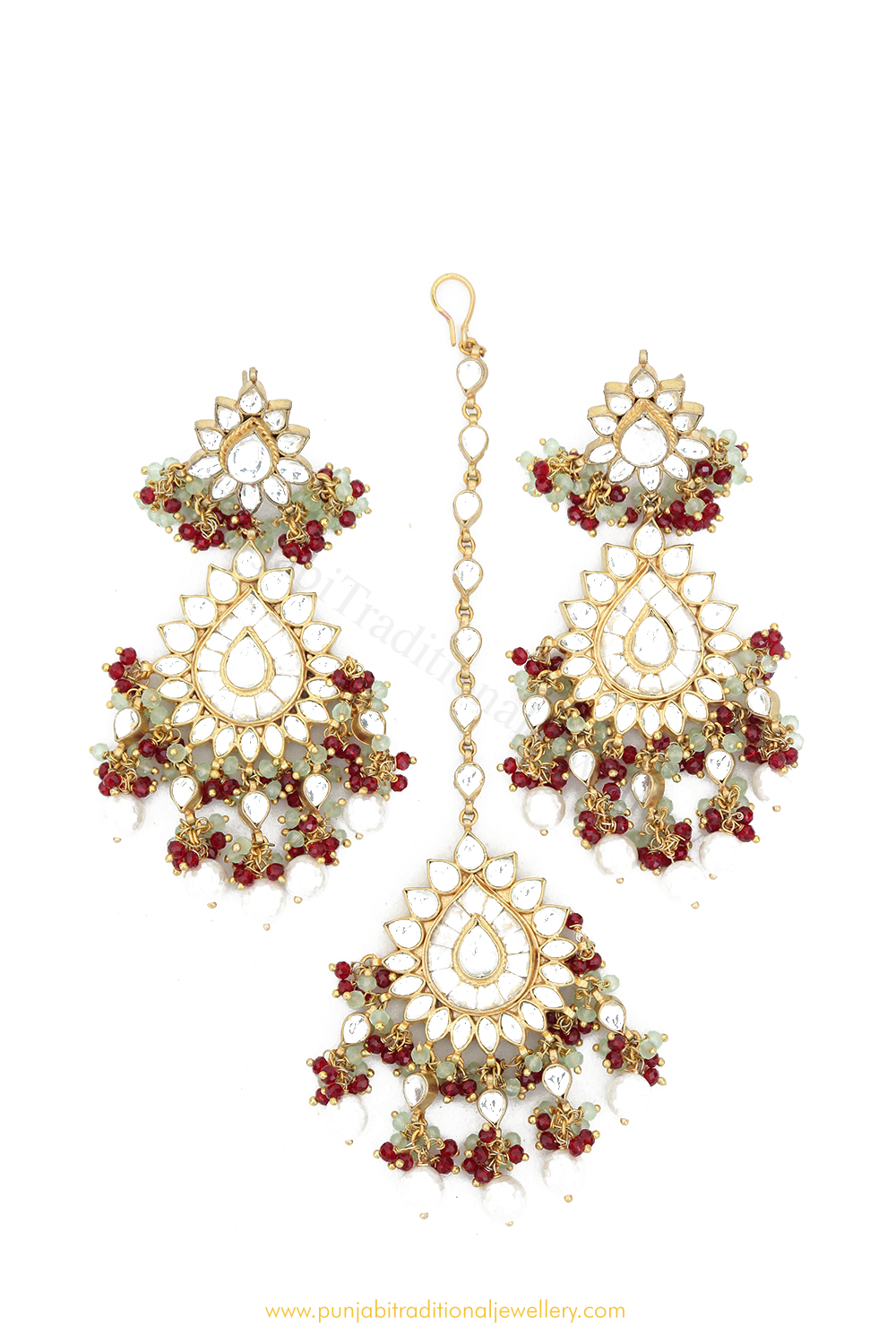 Gold Finished Rubby & Mint Kundan Earring Tikka Set By PTJ