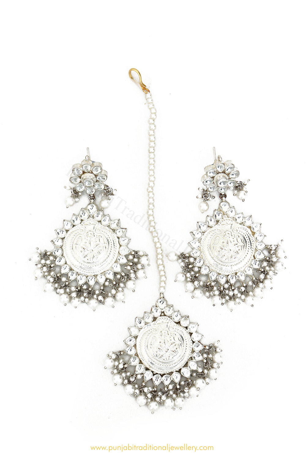 Silver Finished Pearl Kundan Earring Tikka Set By PTJ
