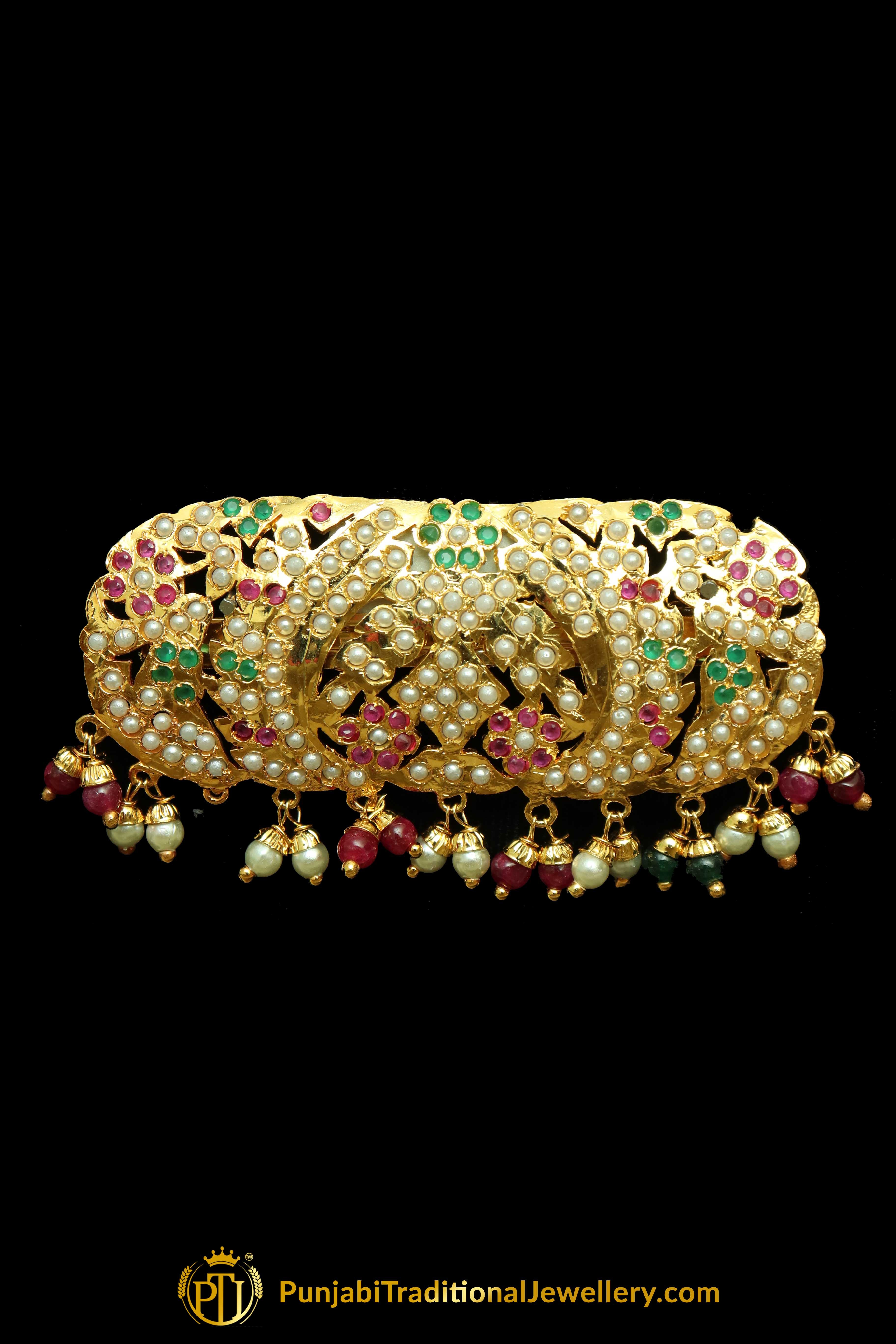 Gold Finished Navratan Pearl Jadau Clip Hair Accessories By Punjabi Traditional Jewellery