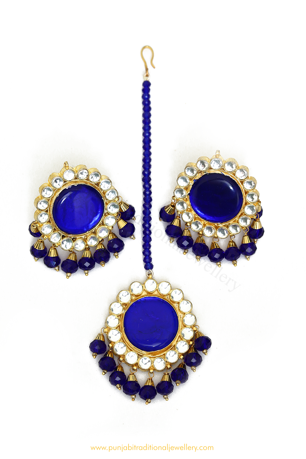 Gold Finished Blue Kundan Studs & Tikka Set By PTJ