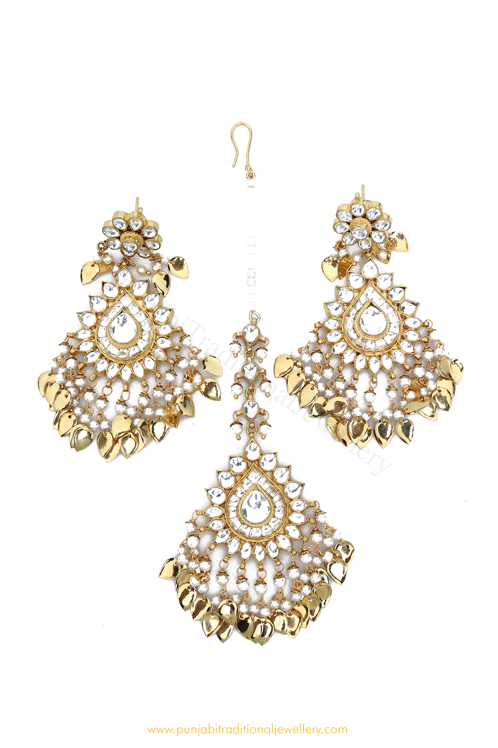 Gold Finished Pippal Patti kundan Earrings Tika By PTJ