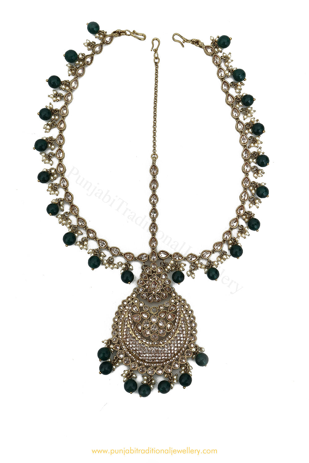 Antique Gold Finished Emerald Champagne Stone Matha Patti By PTJ Exclusive