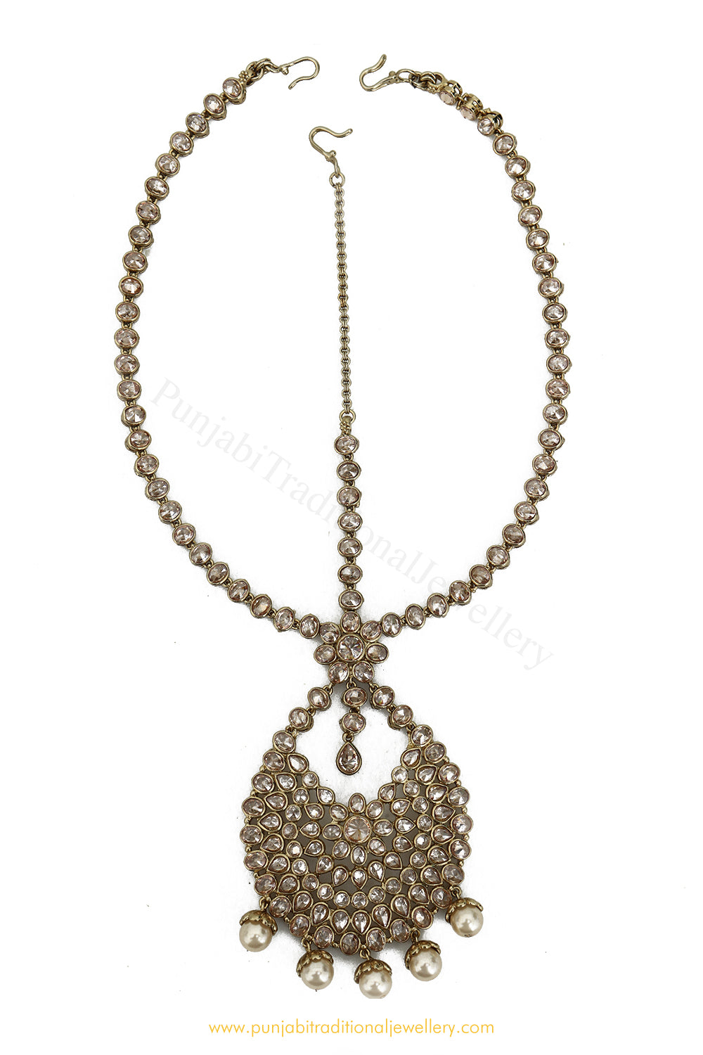Antique Gold Finished Pearl Champagne Stone Matha Patti By PTJ Exclusive