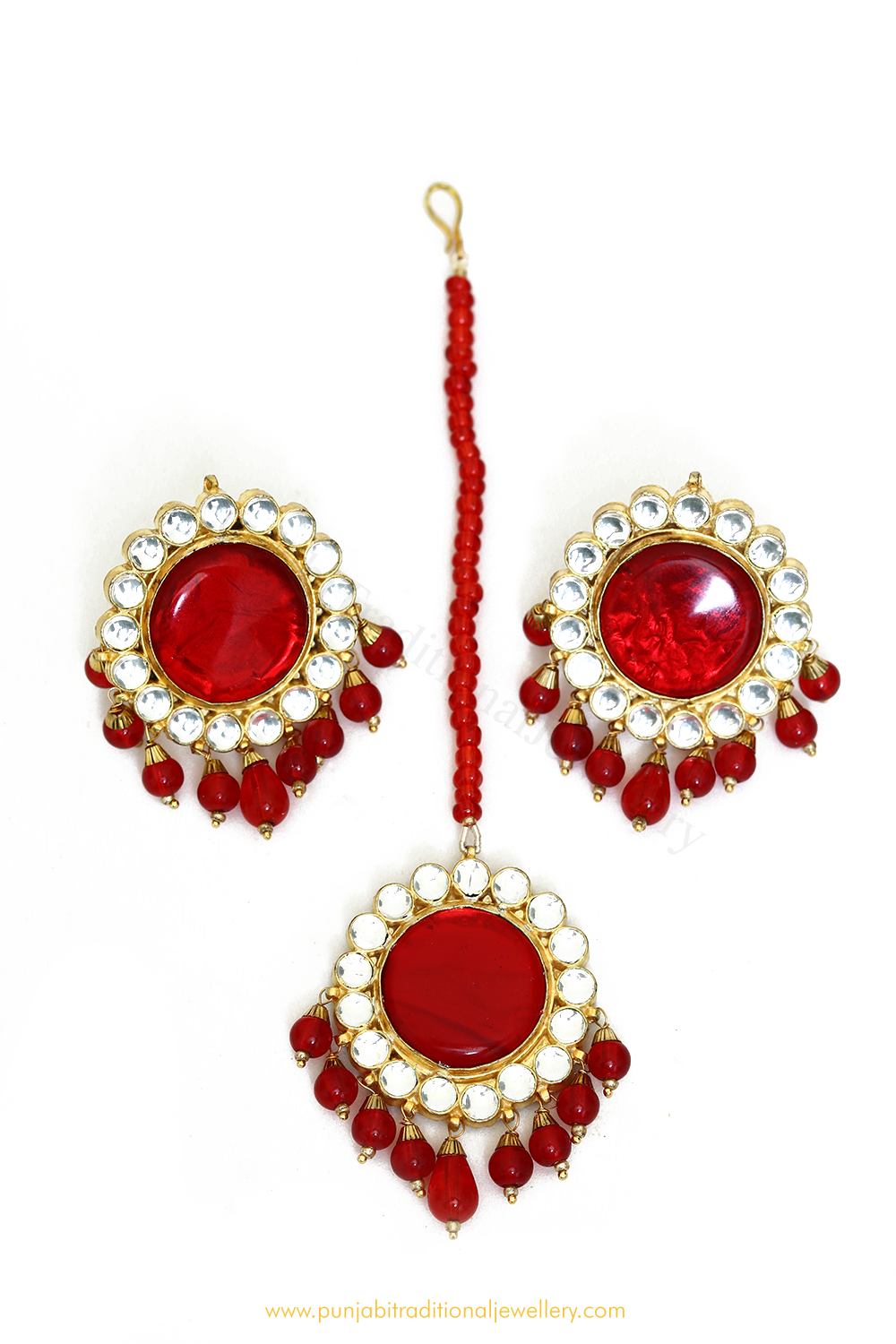 Gold Finished Red Kundan Studs & Tikka Set By PTJ