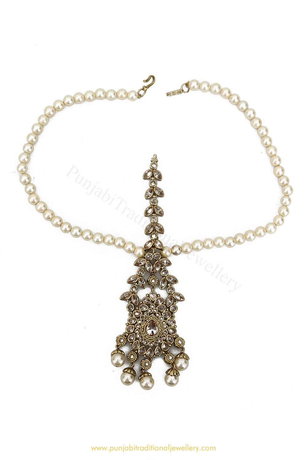 Antique Gold Finished Pearl Champagne Stone Matha Patti By PTJ Exclusive