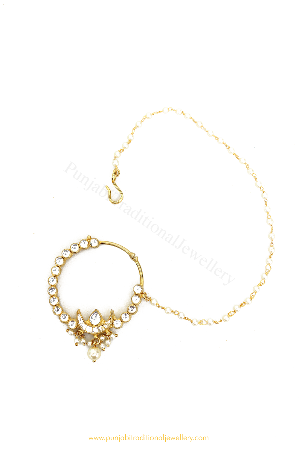 Gold Finished Pearl Kundan Nath By PTJ