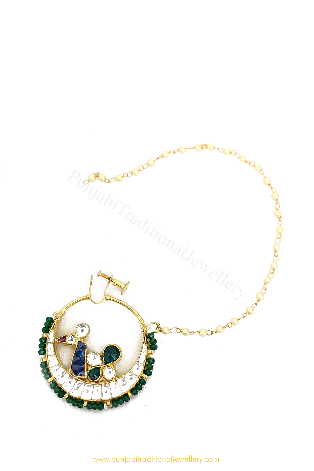 Gold Finished Emerald Kundan Nath By PTJ