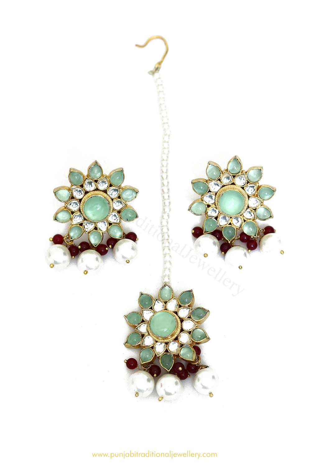 Gold Finished Mint Kundan Studs & Tikka Set By PTJ