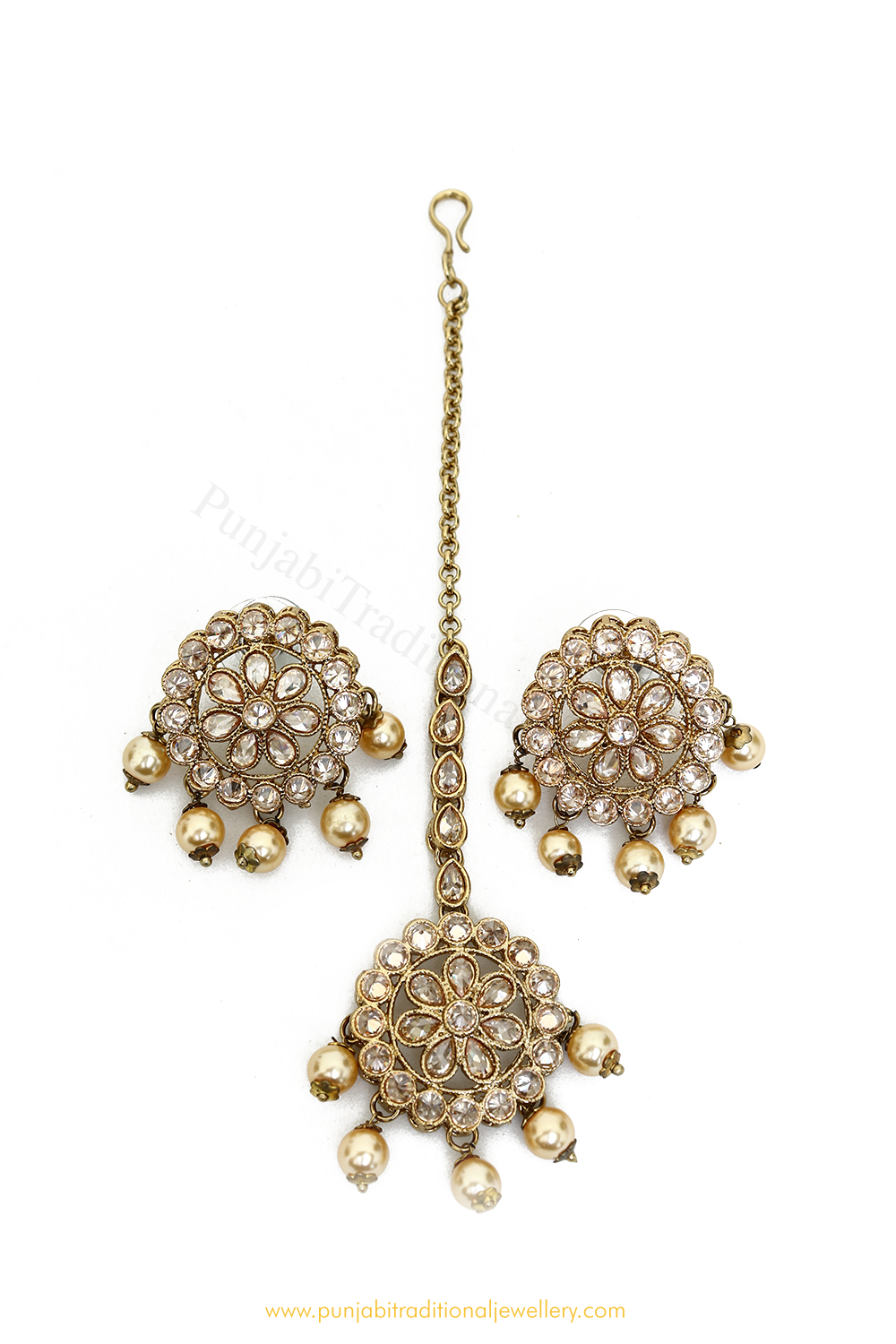 Antique Gold Finished Champagne Stone Studs  & Tikka Set By PTJ