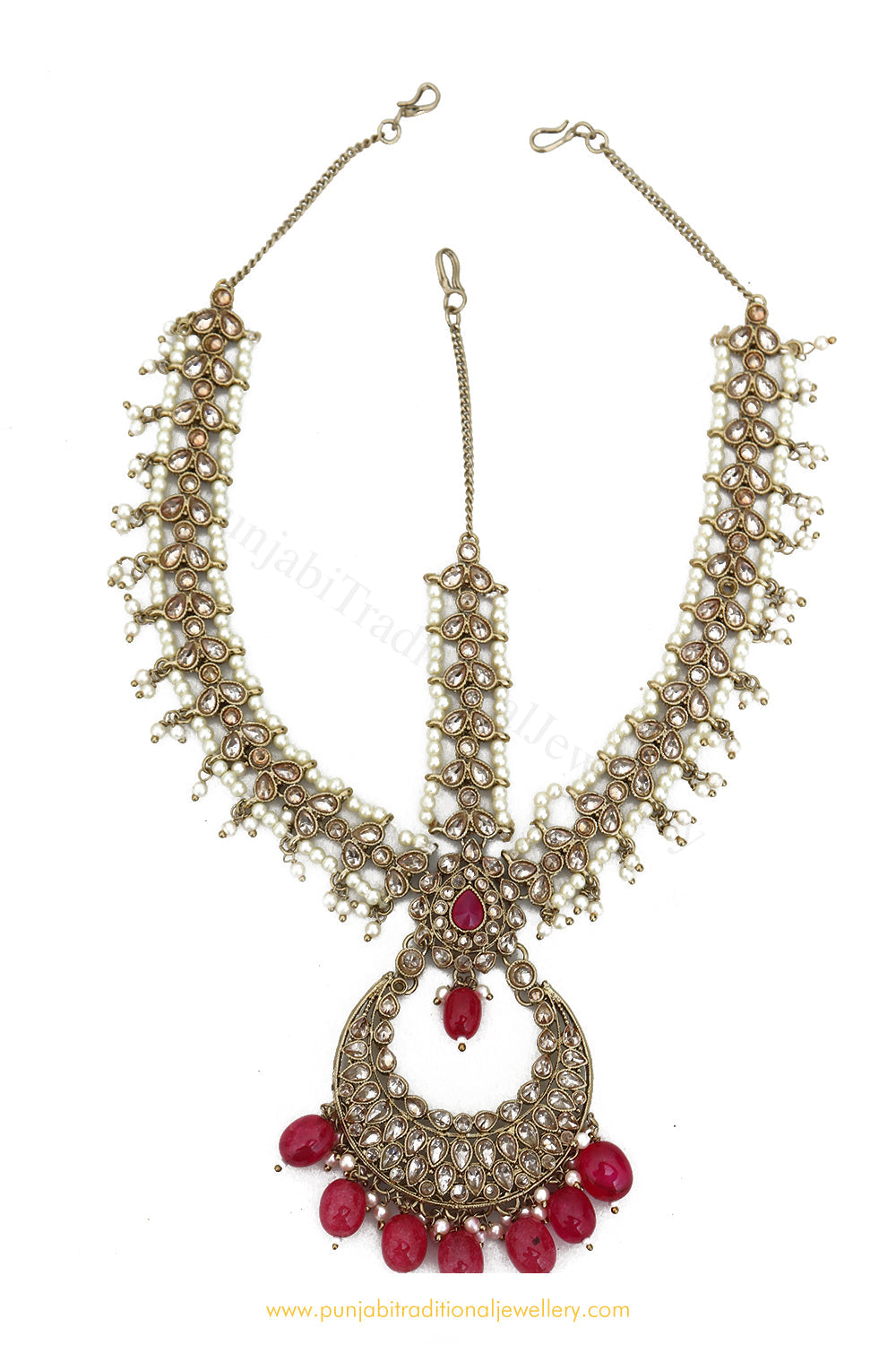 Antique Gold Finished Rubby Champagne Stone Matha Patti By PTJ Exclusive