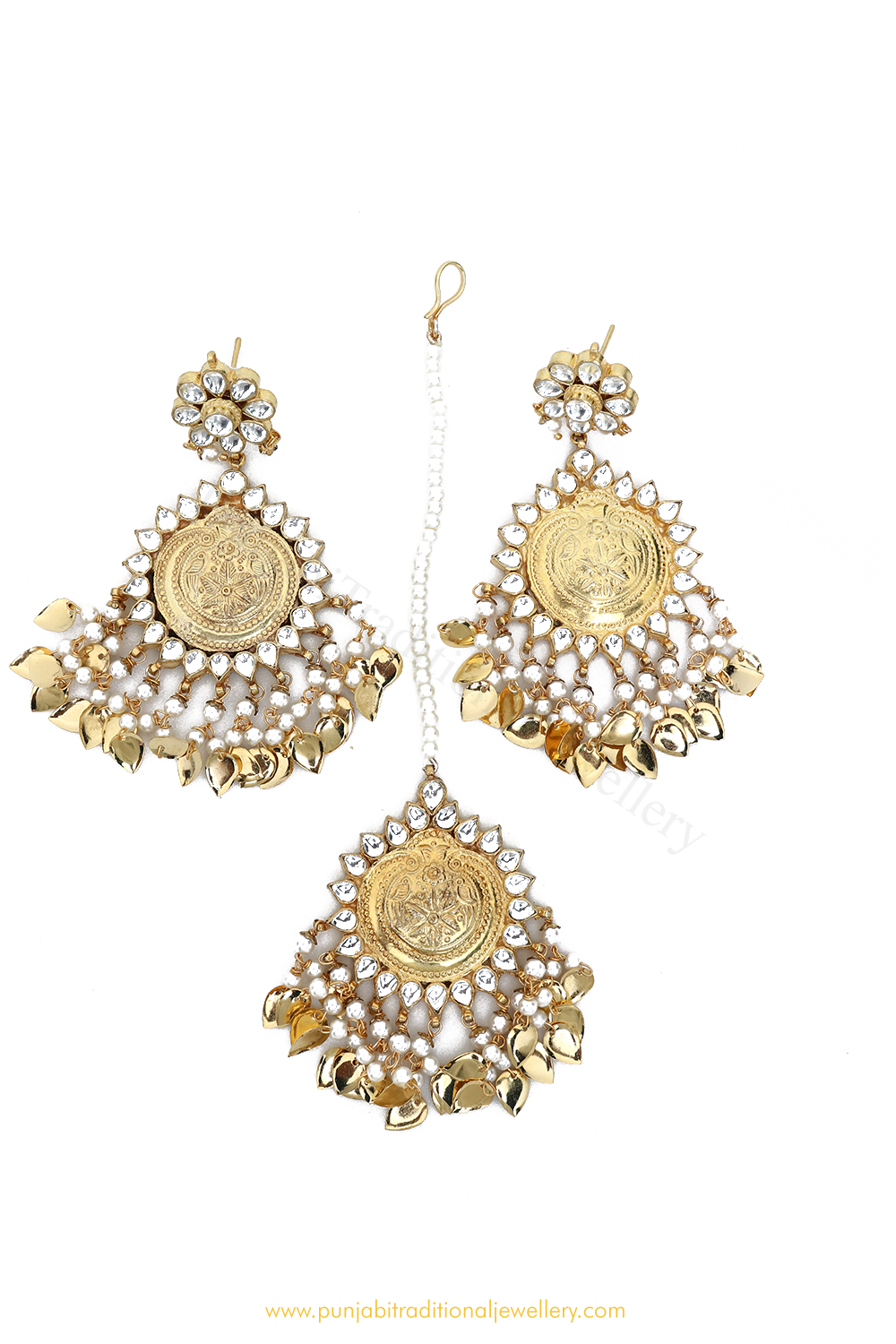Gold Finished Pippal Patti kundan Earrings Tika By PTJ