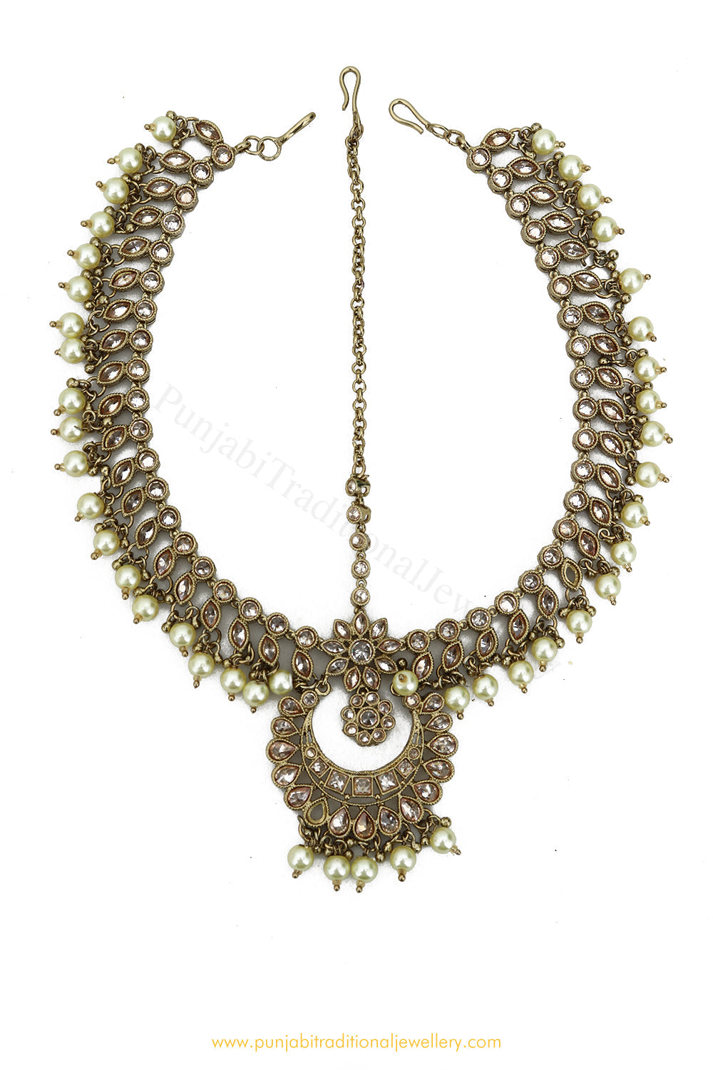 Antique Gold Finished Pearl Champagne Stone Matha Patti By PTJ Exclusive