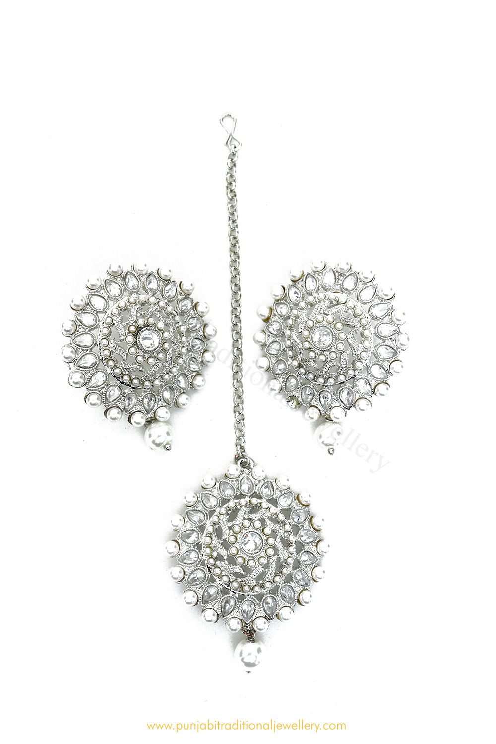 Silver Polki  Studs & Tikka Set By PTJ