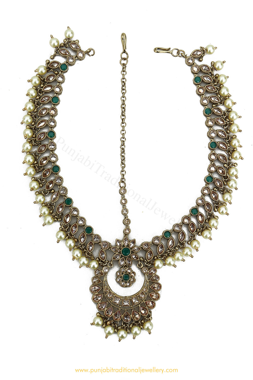 Antique Gold Finished Pearl Champagne Stone Matha Patti By PTJ Exclusive