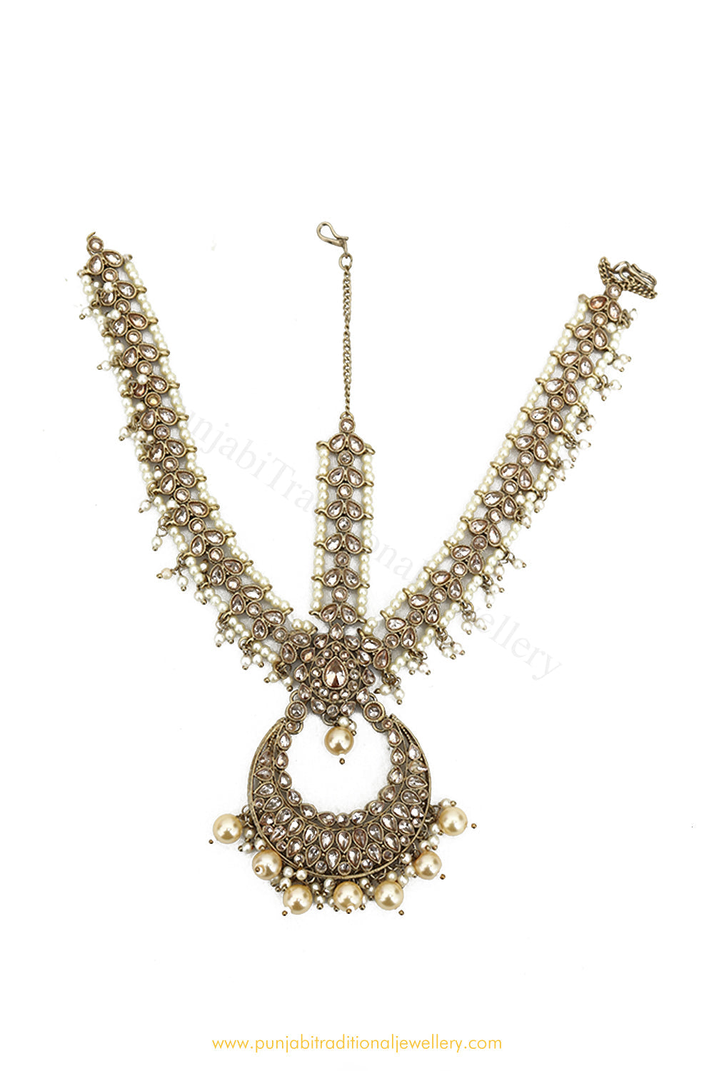 Antique Gold Finished Pearl Champagne Stone Matha Patti By PTJ Exclusive