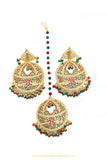 Gold Finished Rubby Emerald Jadau Earrings & Tikka Set By PTJ