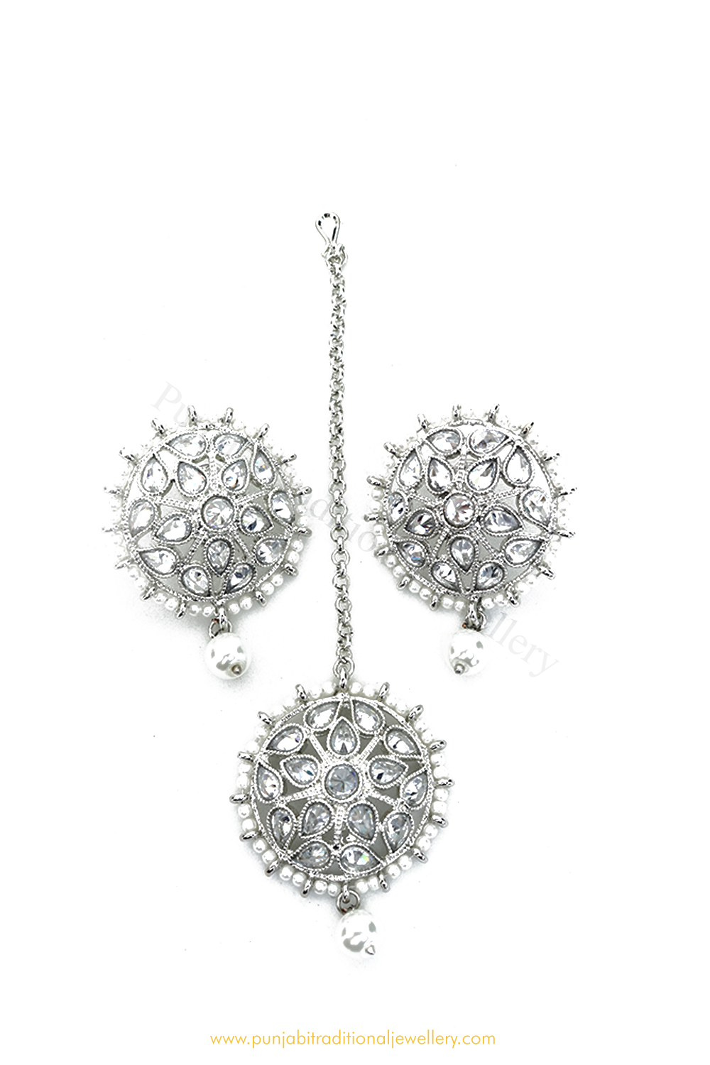 Silver Polki  Studs & Tikka Set By PTJ