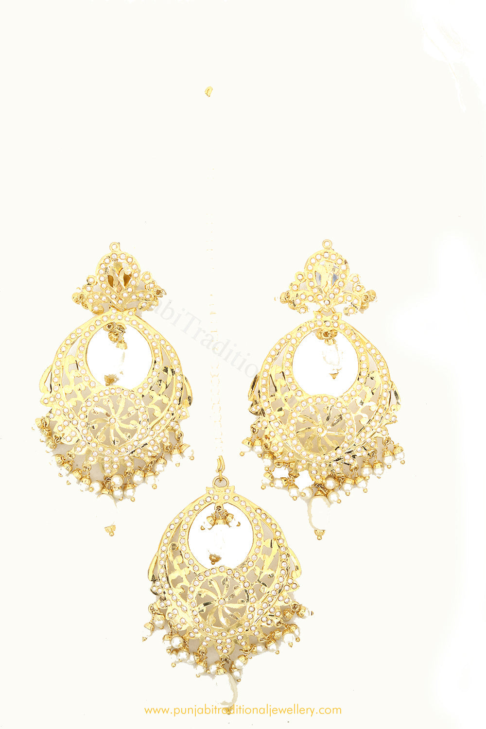 Gold Finished Pearl Jadau Earrings & Tikka Set By PTJ