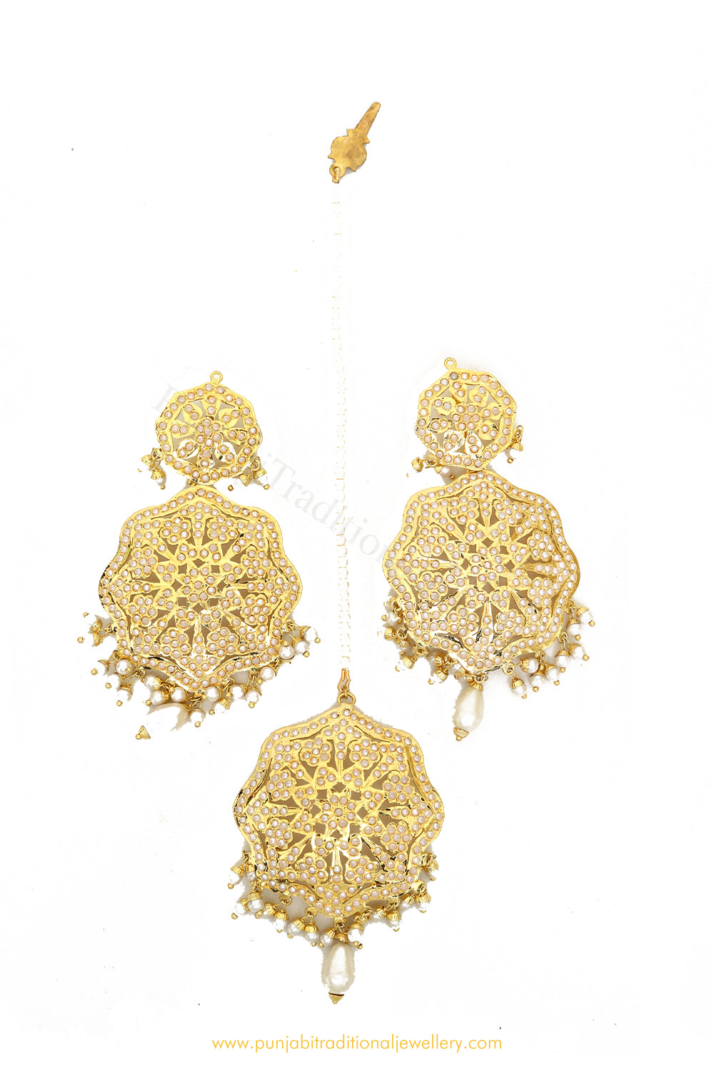 Gold Finished Pearl Jadau Earrings & Tikka Set By PTJ