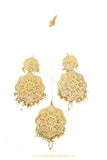 Gold Finished Pearl Jadau Earrings & Tikka Set By PTJ