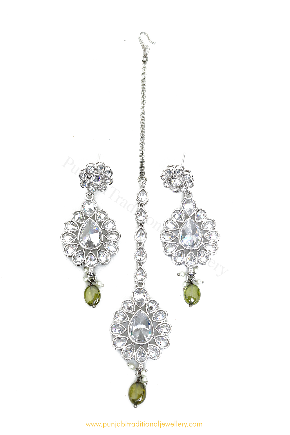 Silver Finished Polki Earrings & Tikka Set By PTJ
