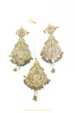 Gold Finished Emerald Jadau Earrings & Tikka Set By PTJ