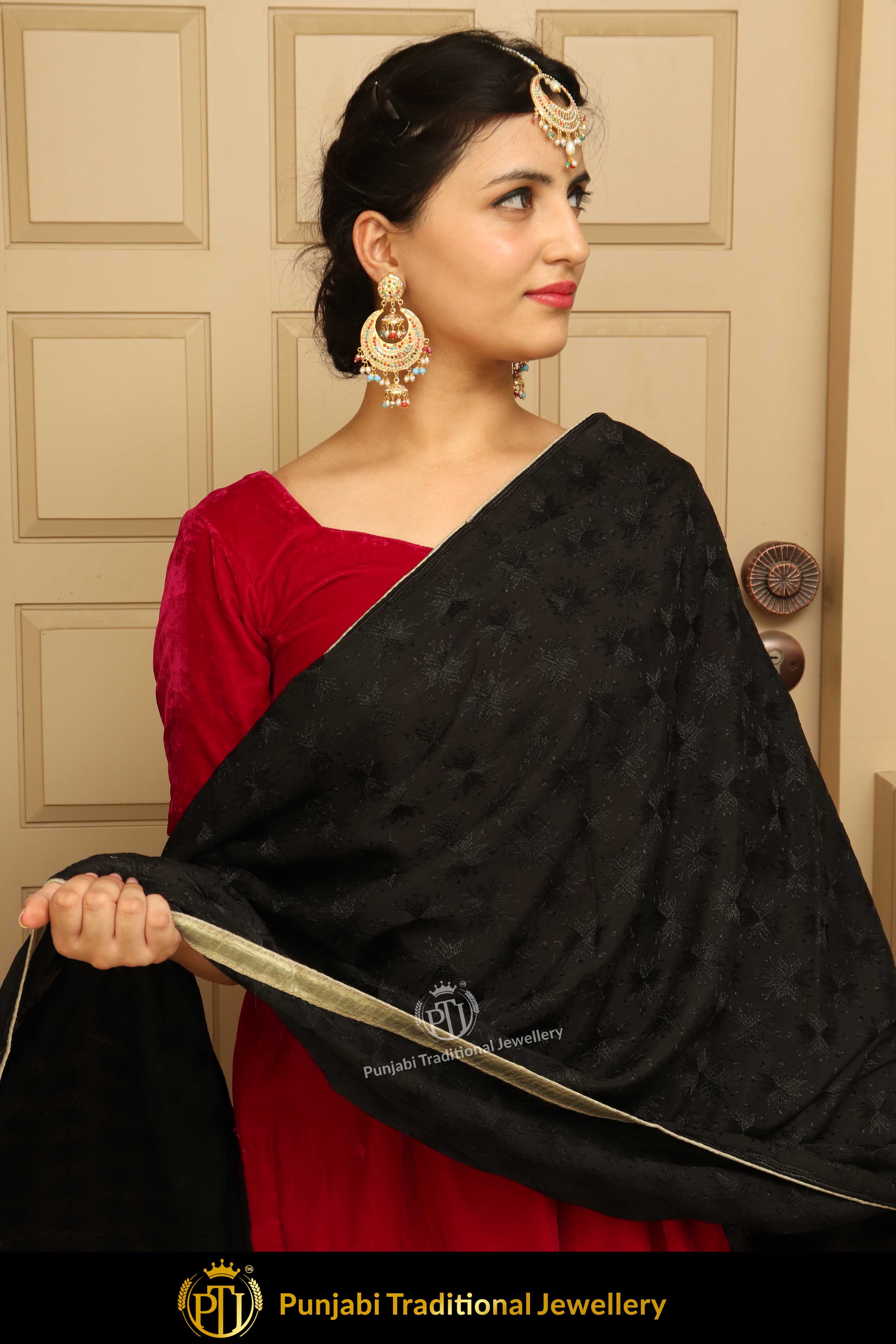 Black Color Pure Phulkari Dupatta By Punjabi Traditional Jewellery