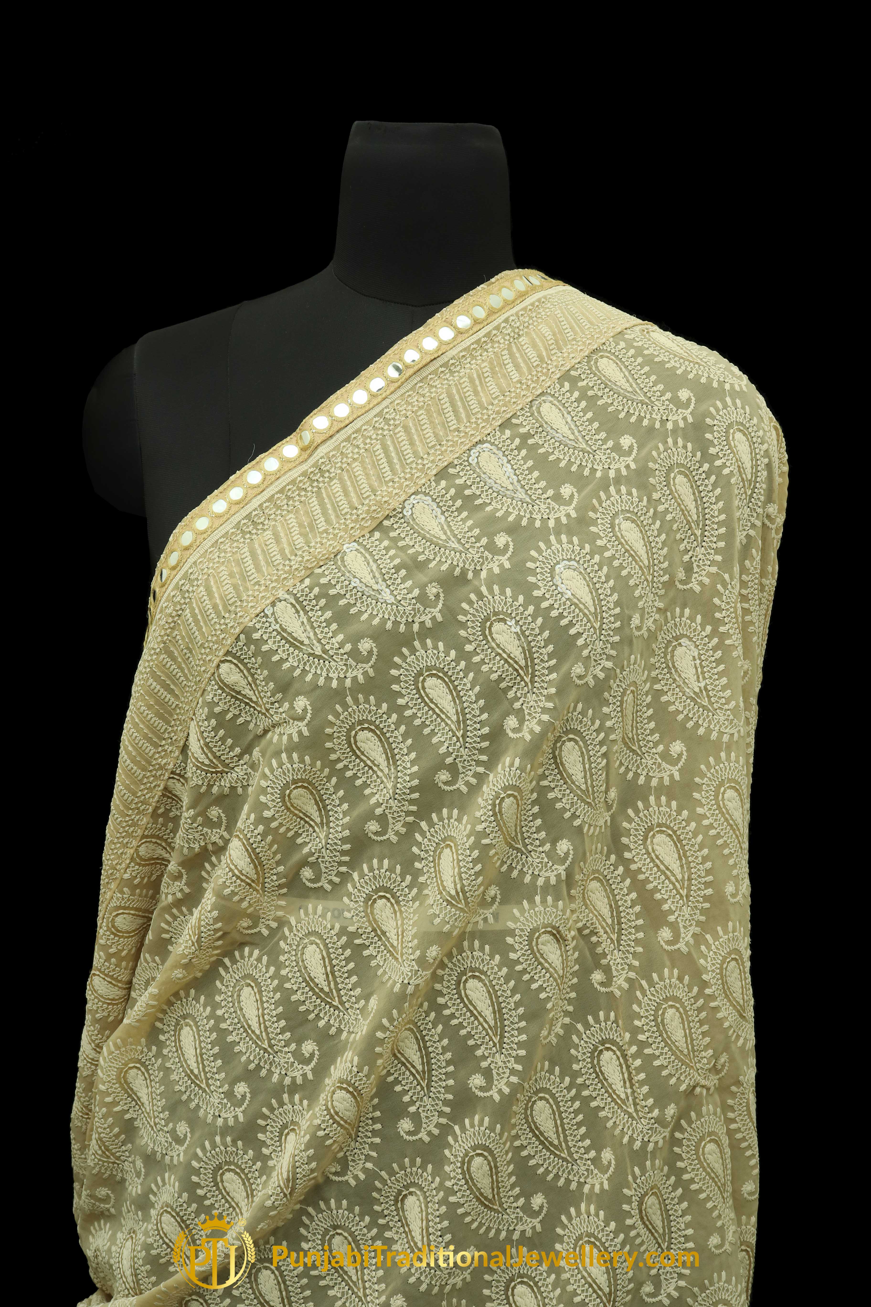 White Color Pure Phulkari Dupatta By Punjabi Traditional Jewellery
