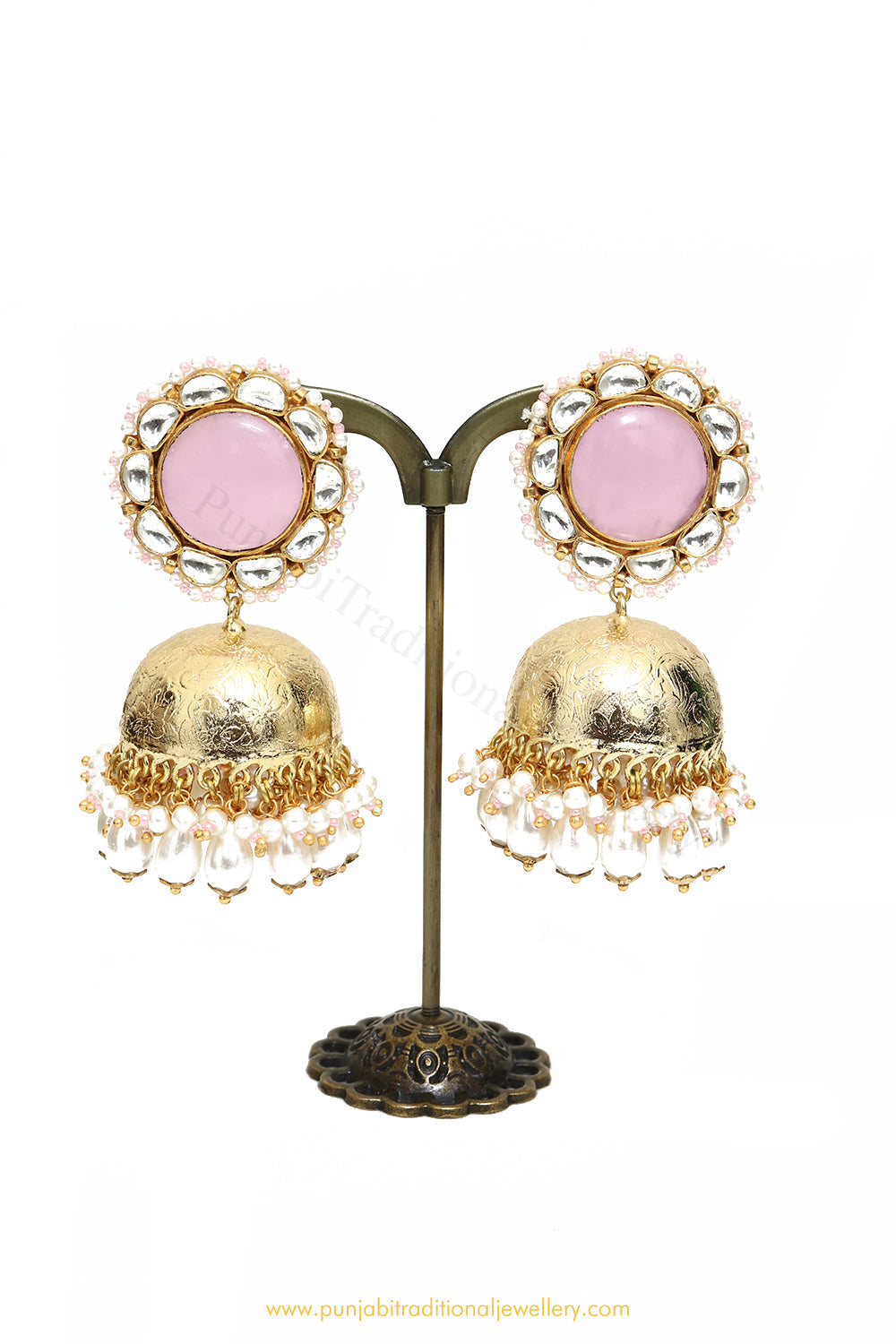 Gold Finished Kundan Pink Jhumki Earrings by PTJ