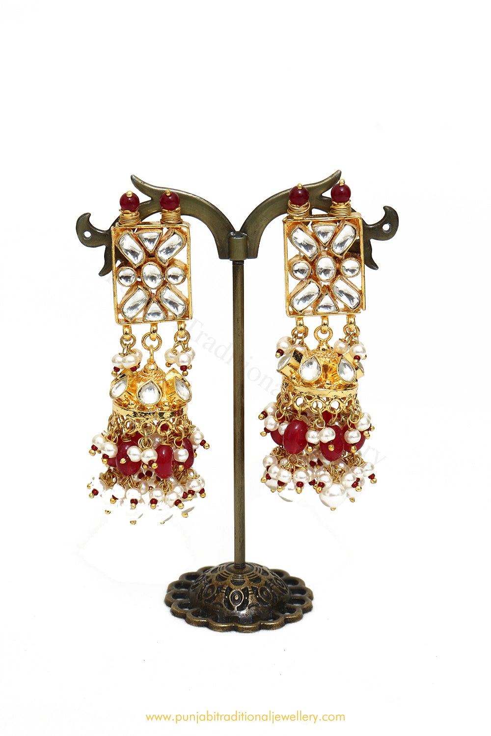 Gold Finished Kundan Rubby Jhumki Earrings by PTJ