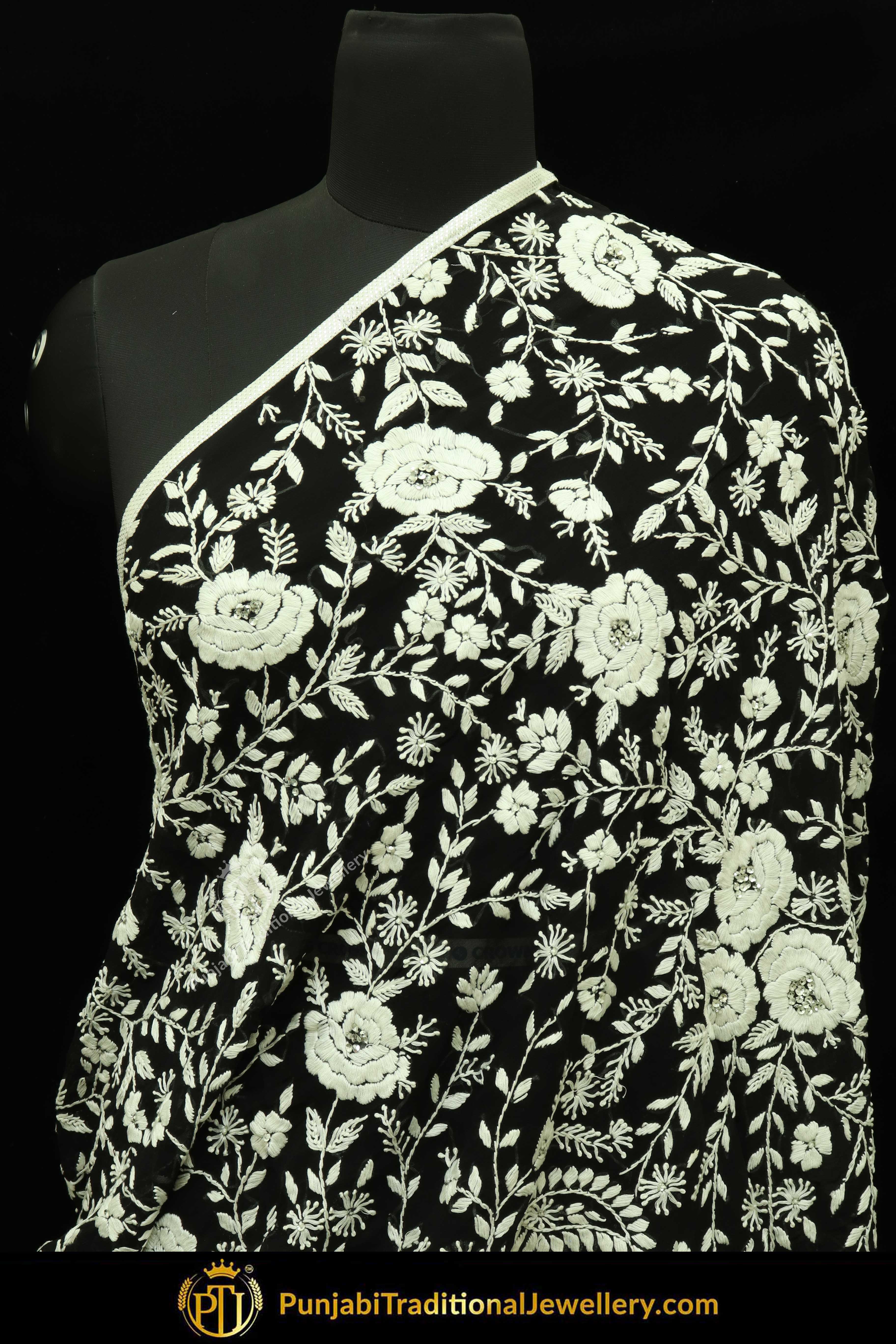 Black & White Color Pure Phulkari Dupatta By Punjabi Traditional Jewellery