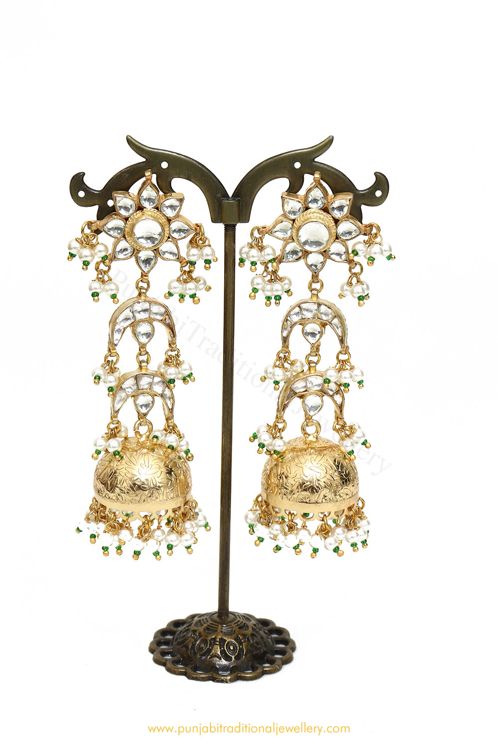 Gold Finished Kundan Pearl Jhumki Earrings by PTJ