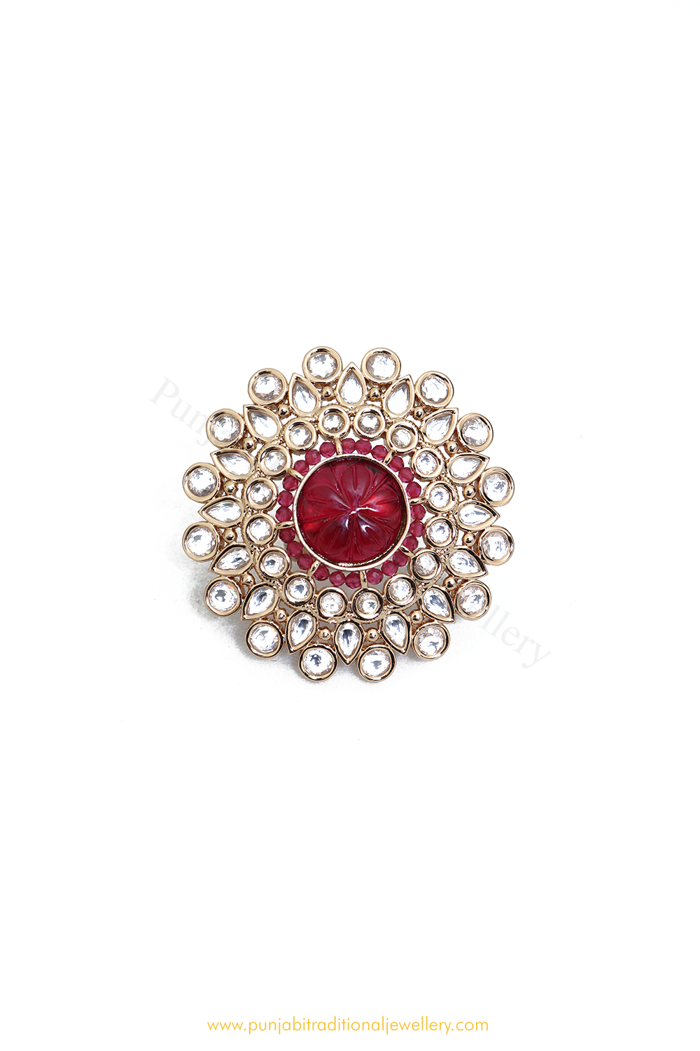 Gold Finished Rubby Kundan Ring By PTJ
