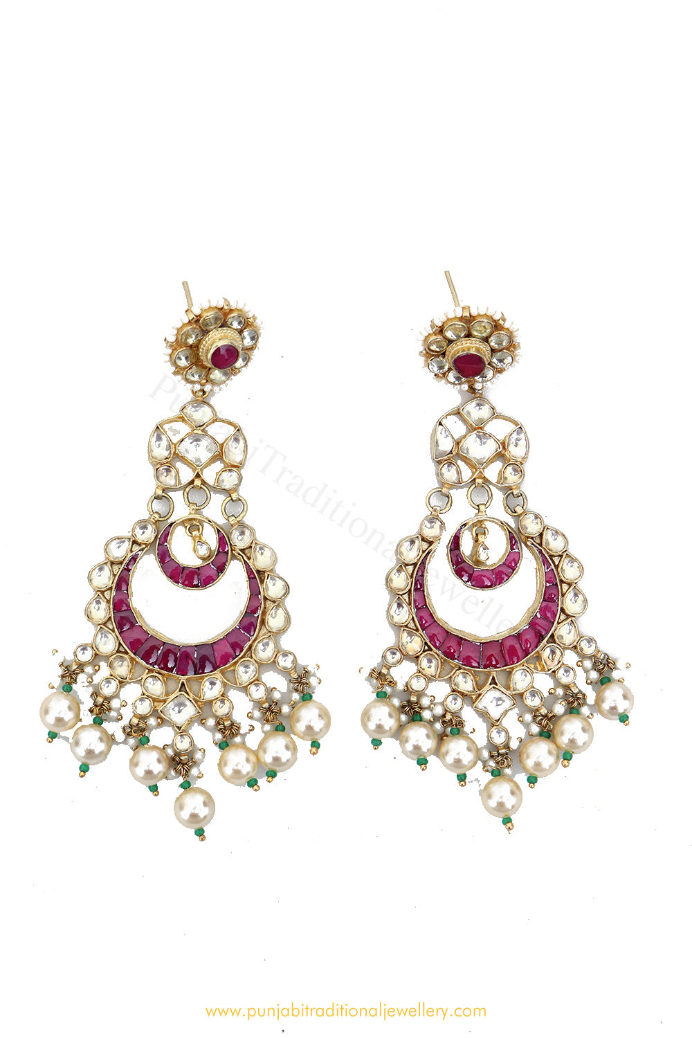 Gold Finished Kundan Rubby Earrings by PTJ