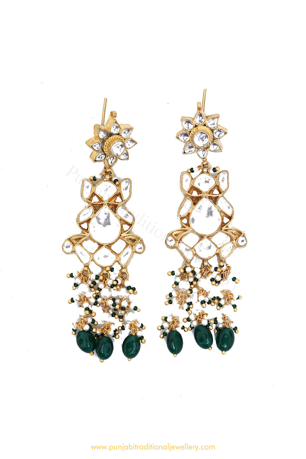 Gold Finished Kundan Emerald Earrings by PTJ