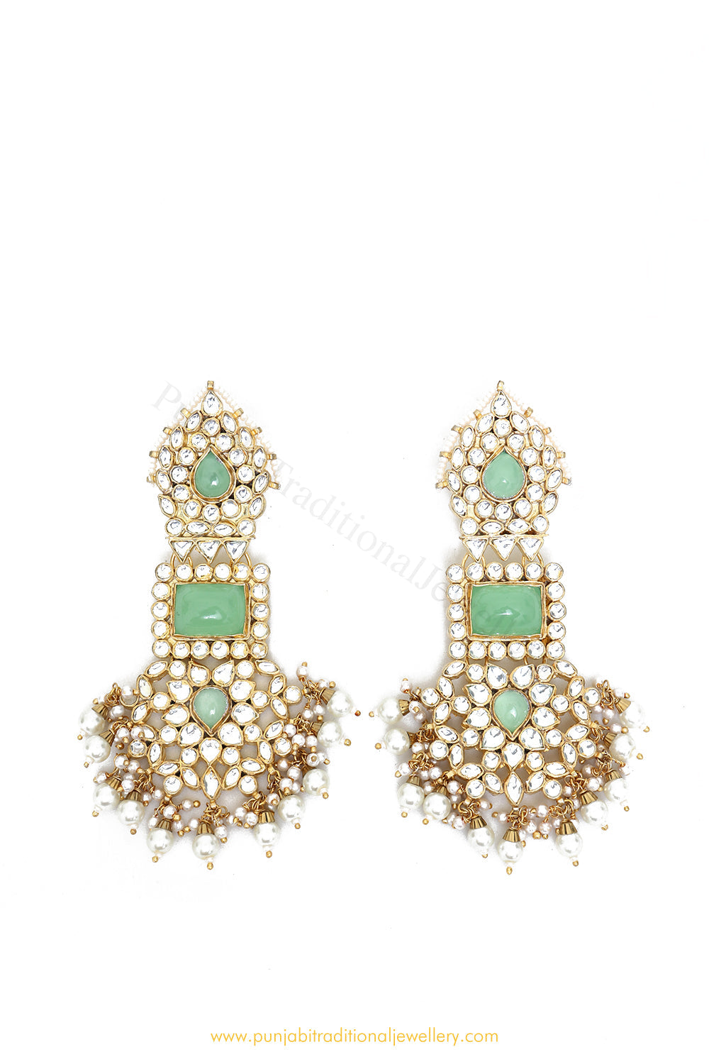Gold Finished Kundan Mint Earrings by PTJ