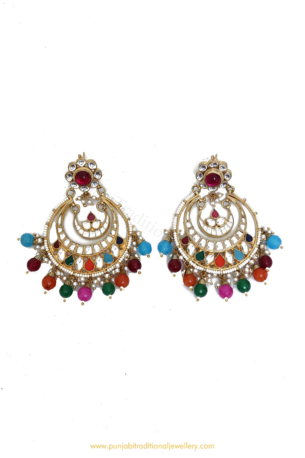 Gold Finished Kundan Navratan Earrings by PTJ