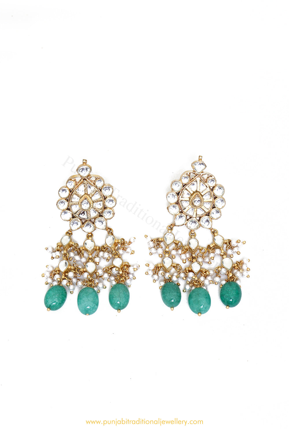 Gold Finished Kundan Emerald Earrings by PTJ