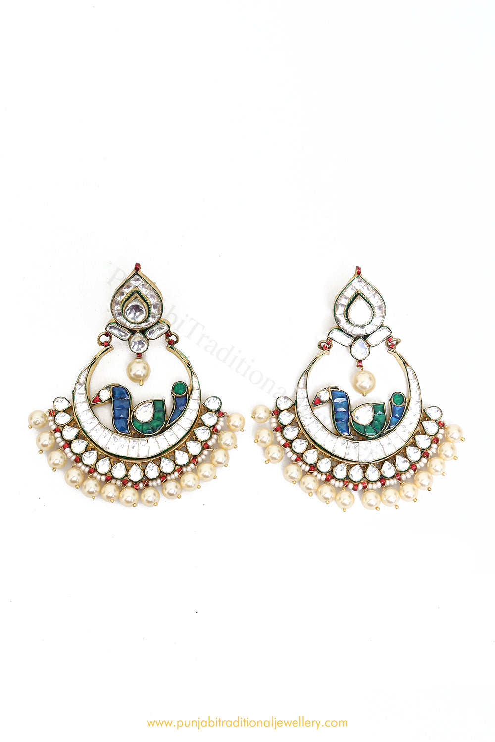 Gold Finished Kundan Peacock Earrings by PTJ